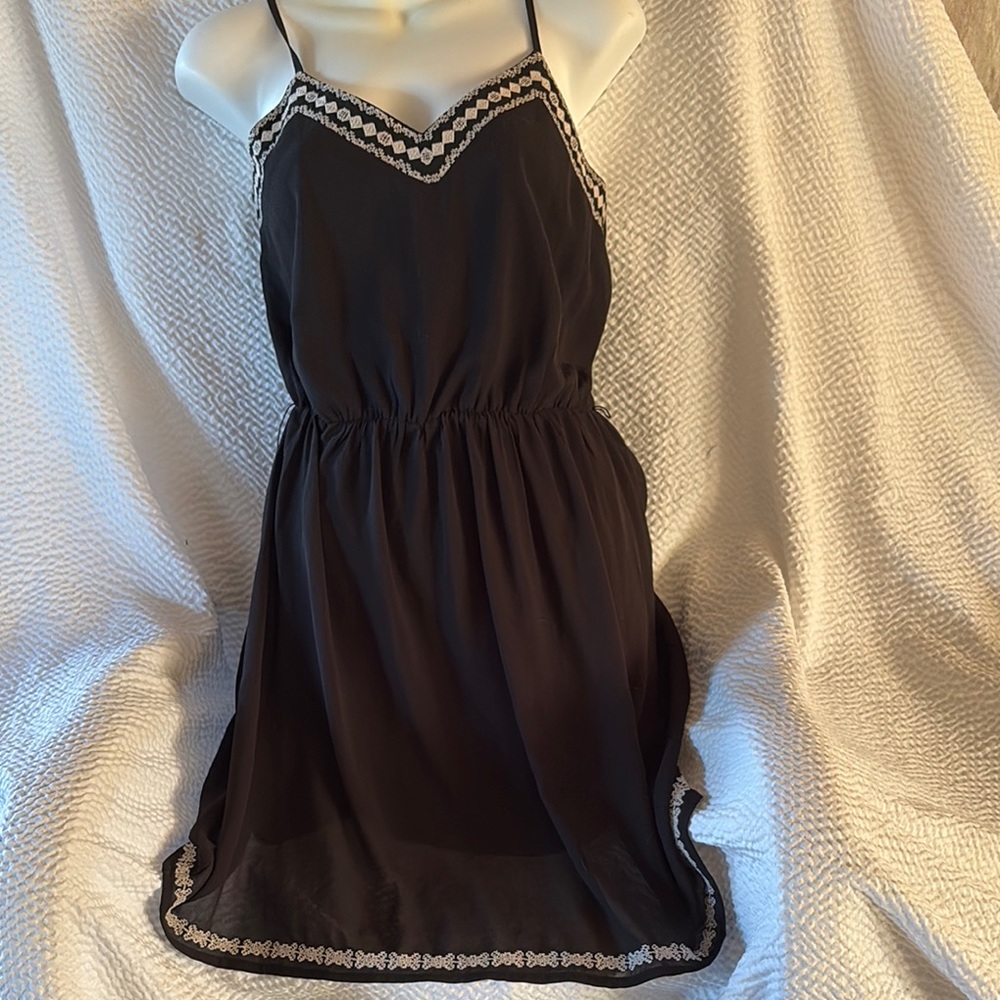 Black Spaghetti Strap Dress with White embroidered Trim